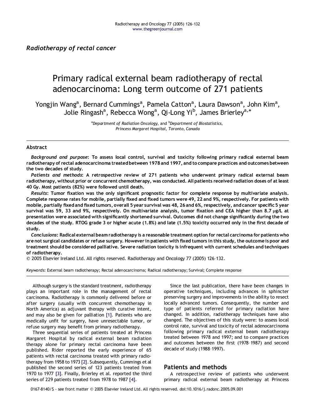 Primary radical external beam radiotherapy of rectal adenocarcinoma: Long term outcome of 271 patients