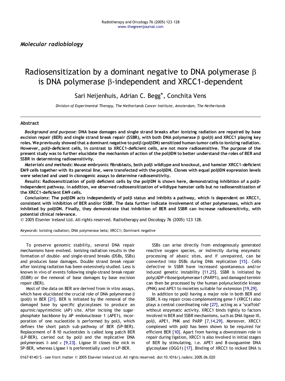 Radiosensitization by a dominant negative to DNA polymerase Î² is DNA polymerase Î²-independent and XRCC1-dependent