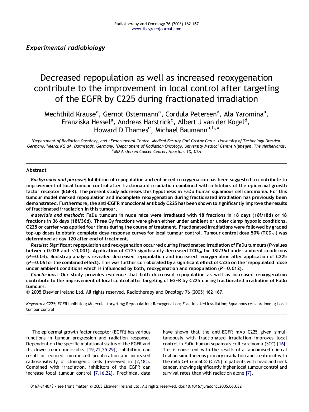 Decreased repopulation as well as increased reoxygenation contribute to the improvement in local control after targeting of the EGFR by C225 during fractionated irradiation