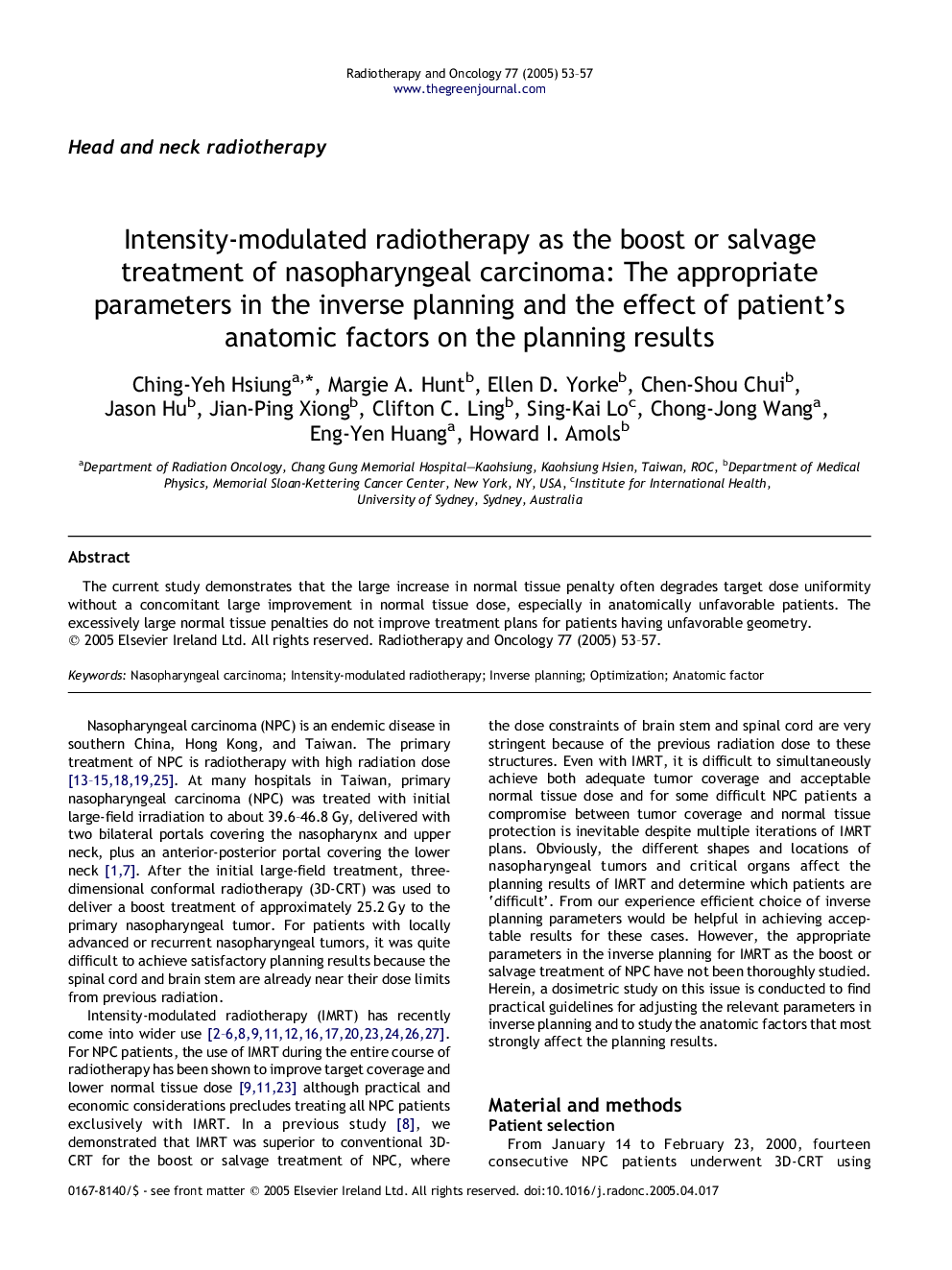 Intensity-modulated radiotherapy as the boost or salvage treatment of nasopharyngeal carcinoma: The appropriate parameters in the inverse planning and the effect of patient's anatomic factors on the planning results