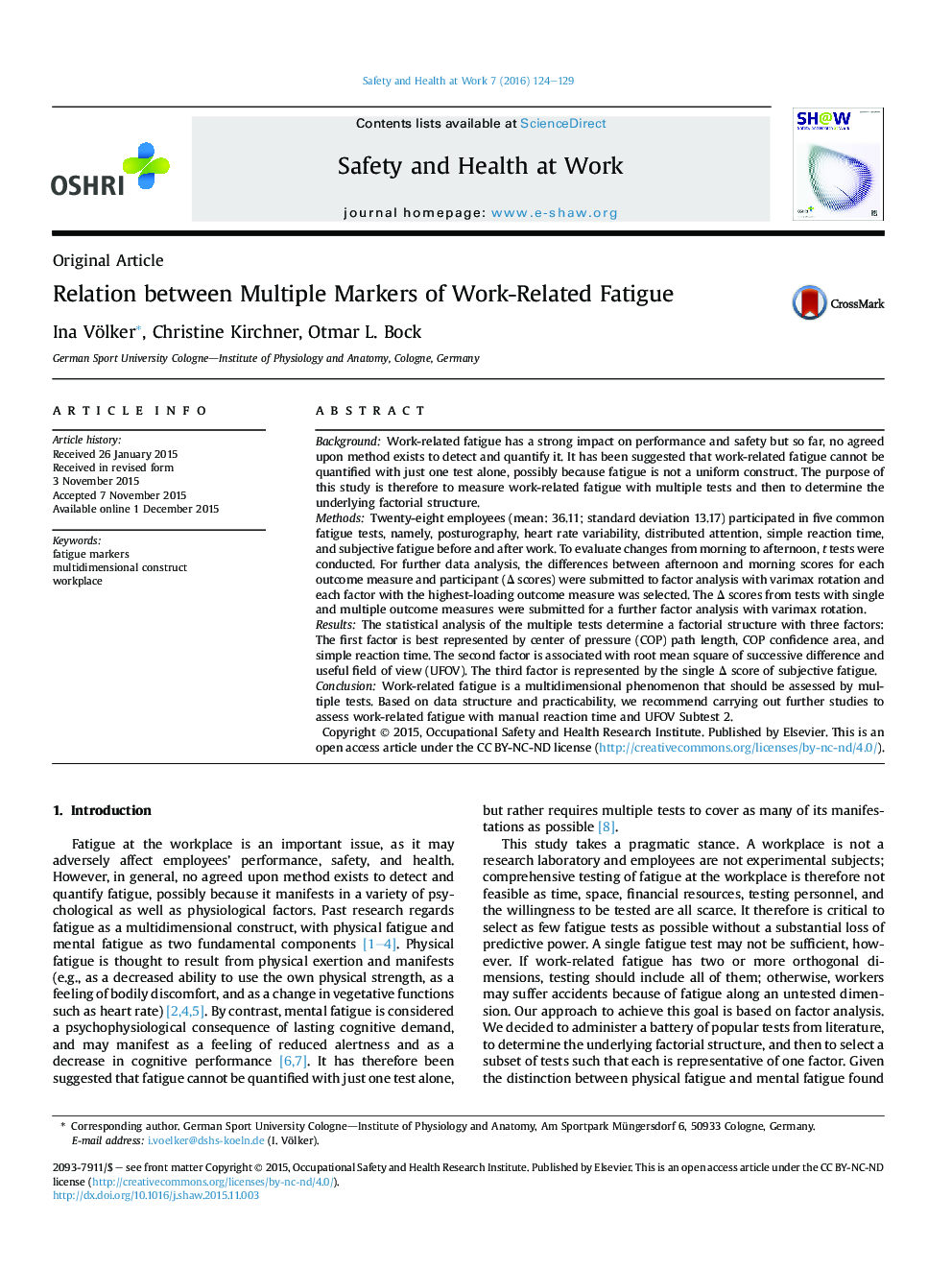 Relation between Multiple Markers of Work-Related Fatigue