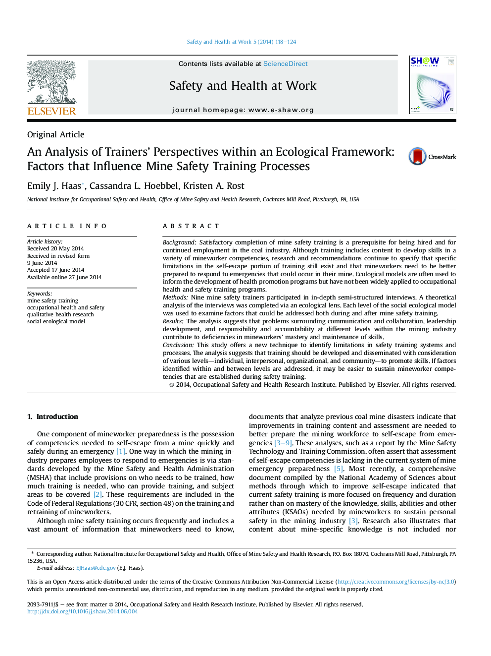 An Analysis of Trainers' Perspectives within an Ecological Framework: Factors that Influence Mine Safety Training Processes 