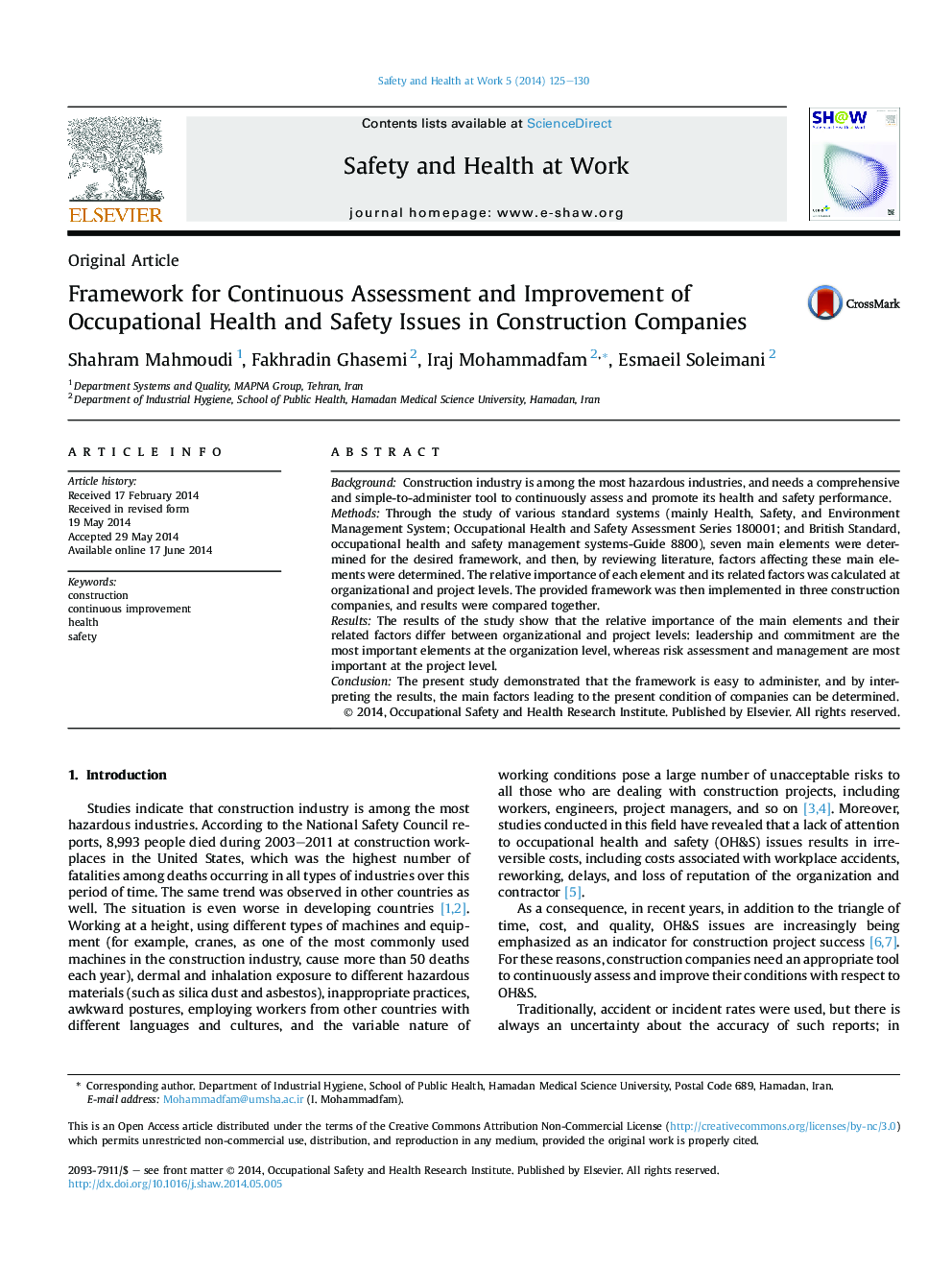 Framework for Continuous Assessment and Improvement of Occupational Health and Safety Issues in Construction Companies 