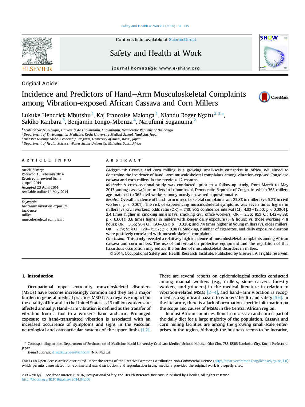 Incidence and Predictors of Hand–Arm Musculoskeletal Complaints among Vibration-exposed African Cassava and Corn Millers 