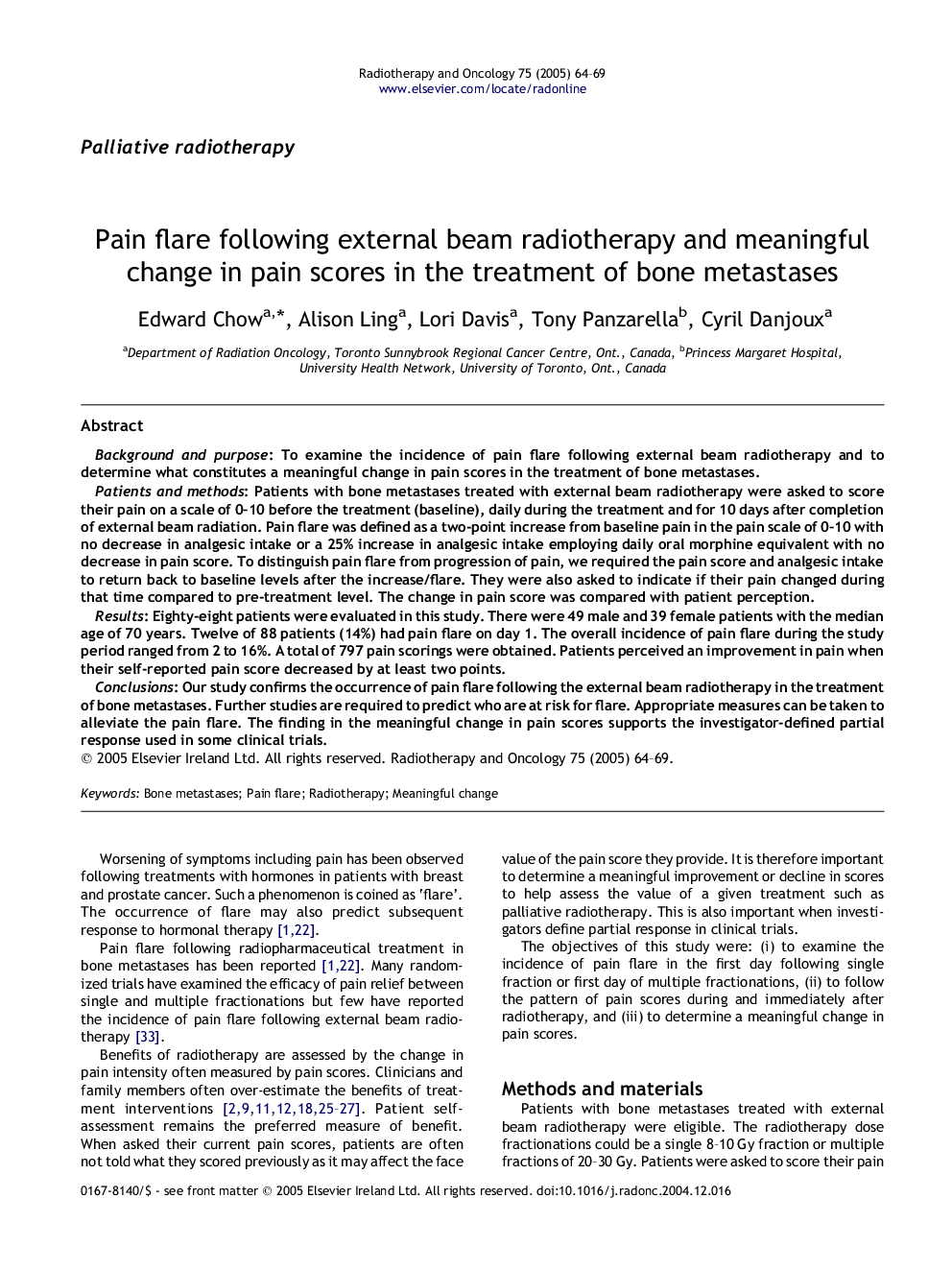 Pain flare following external beam radiotherapy and meaningful change in pain scores in the treatment of bone metastases