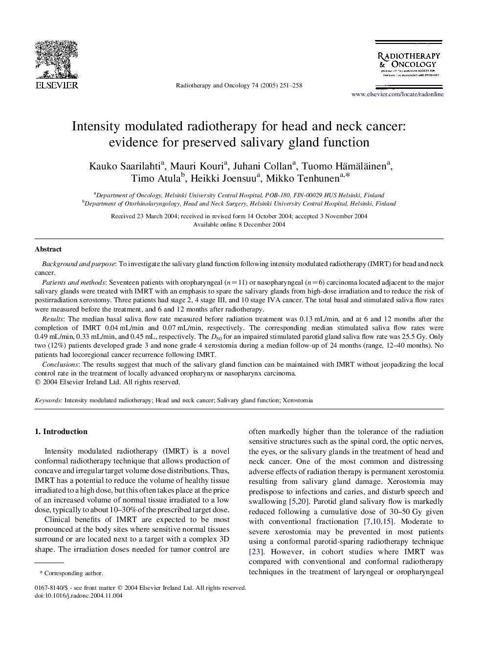 Intensity modulated radiotherapy for head and neck cancer: evidence for preserved salivary gland function