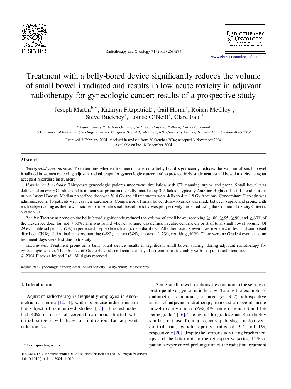 Treatment with a belly-board device significantly reduces the volume of small bowel irradiated and results in low acute toxicity in adjuvant radiotherapy for gynecologic cancer: results of a prospective study