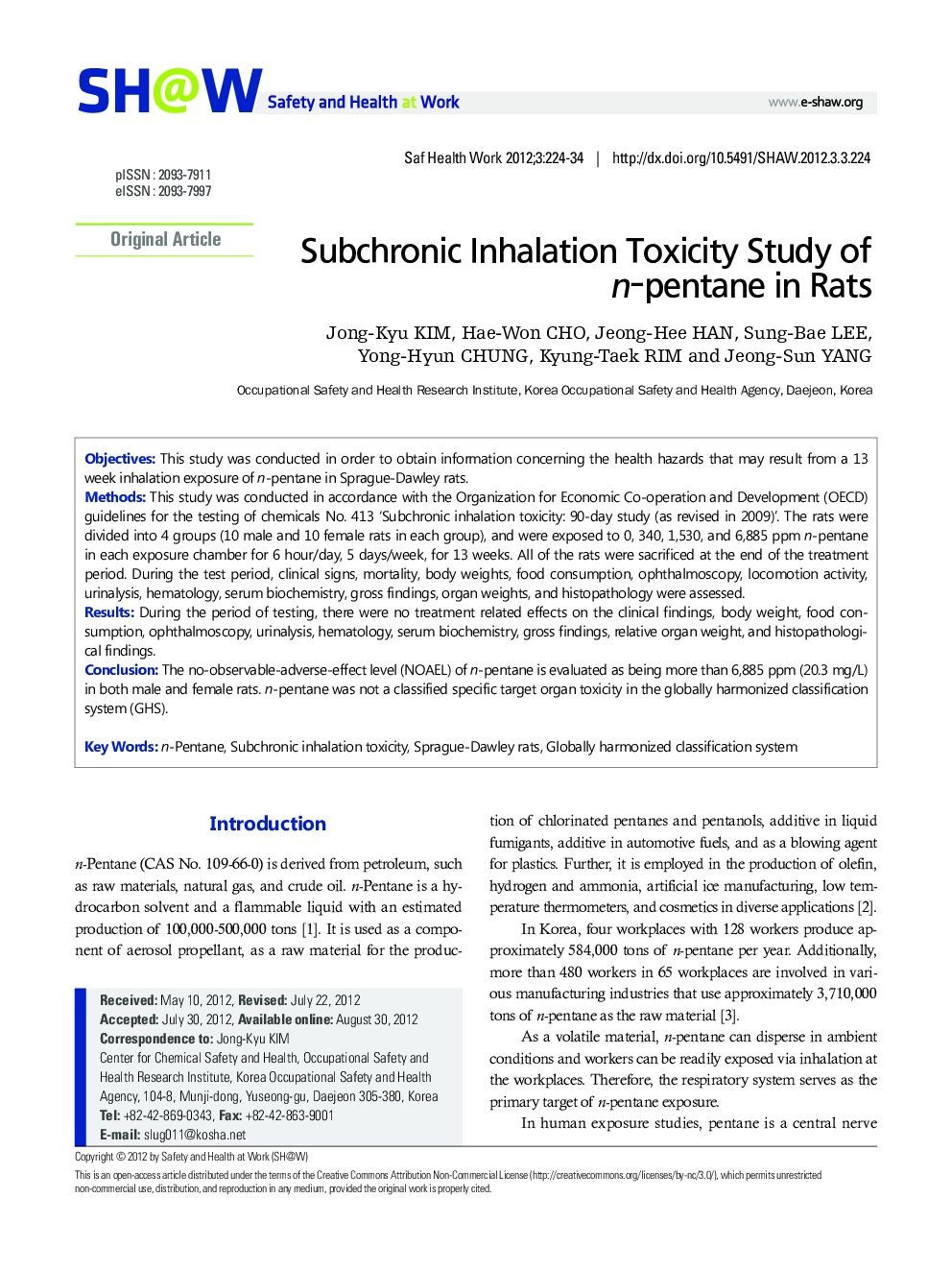 Subchronic Inhalation Toxicity Study of n-pentane in Rats