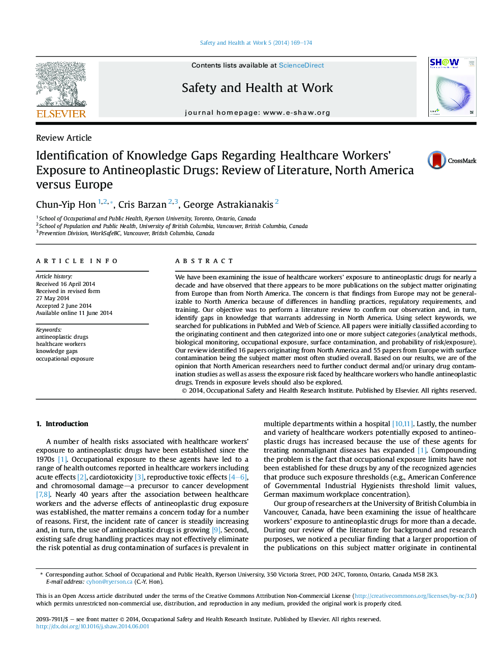 Identification of Knowledge Gaps Regarding Healthcare Workers' Exposure to Antineoplastic Drugs: Review of Literature, North America versus Europe 