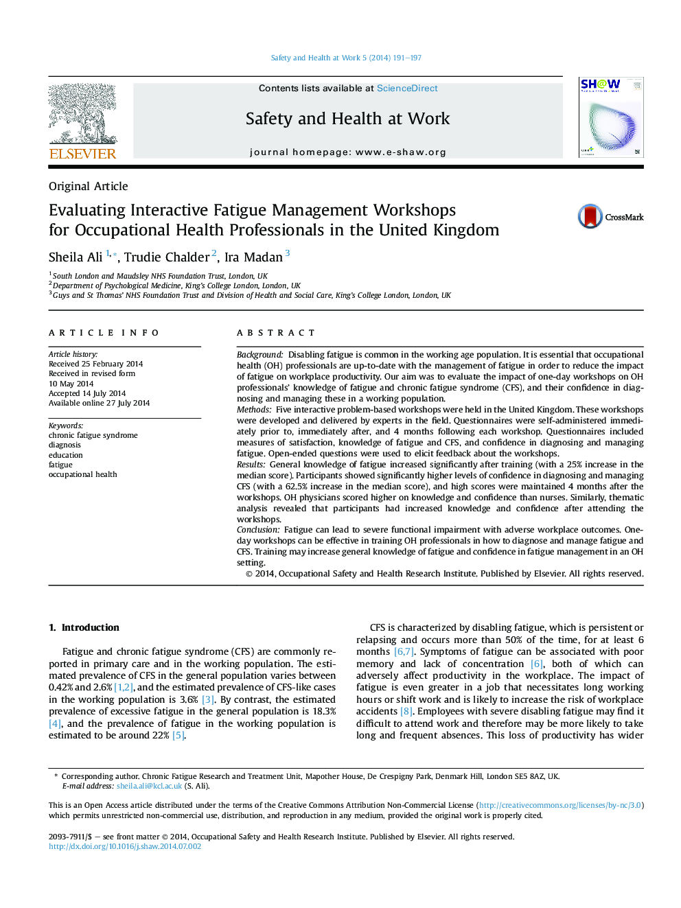 ارزیابی کارگاه های مدیریت خستگی تعاملی برای حرفه ای های بهداشت حرفه ای در انگلستان