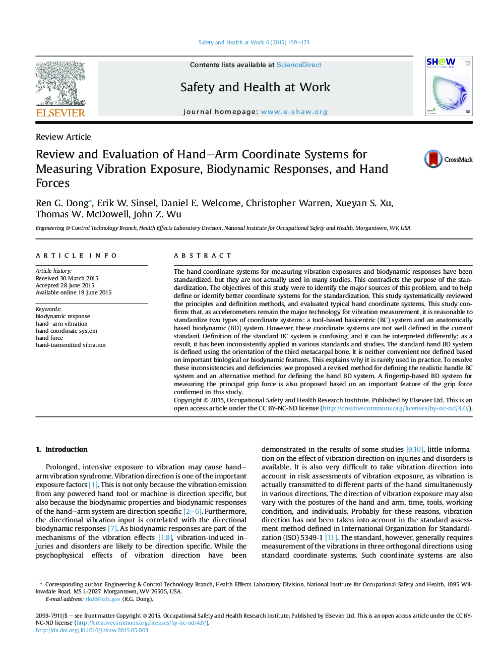 Review and Evaluation of Hand–Arm Coordinate Systems for Measuring Vibration Exposure, Biodynamic Responses, and Hand Forces 