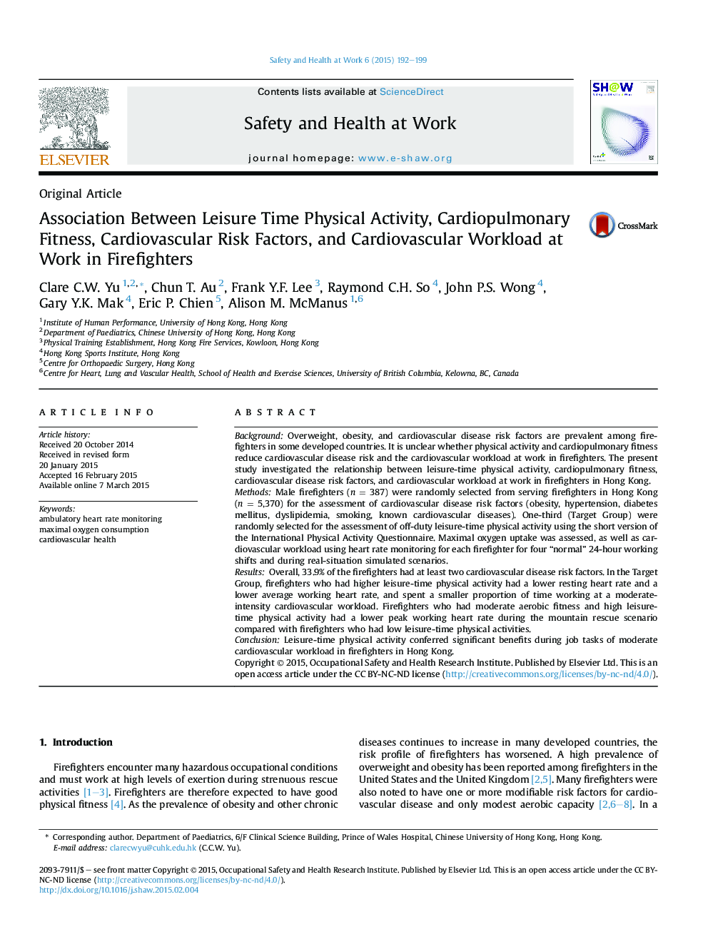 Association Between Leisure Time Physical Activity, Cardiopulmonary Fitness, Cardiovascular Risk Factors, and Cardiovascular Workload at Work in Firefighters 