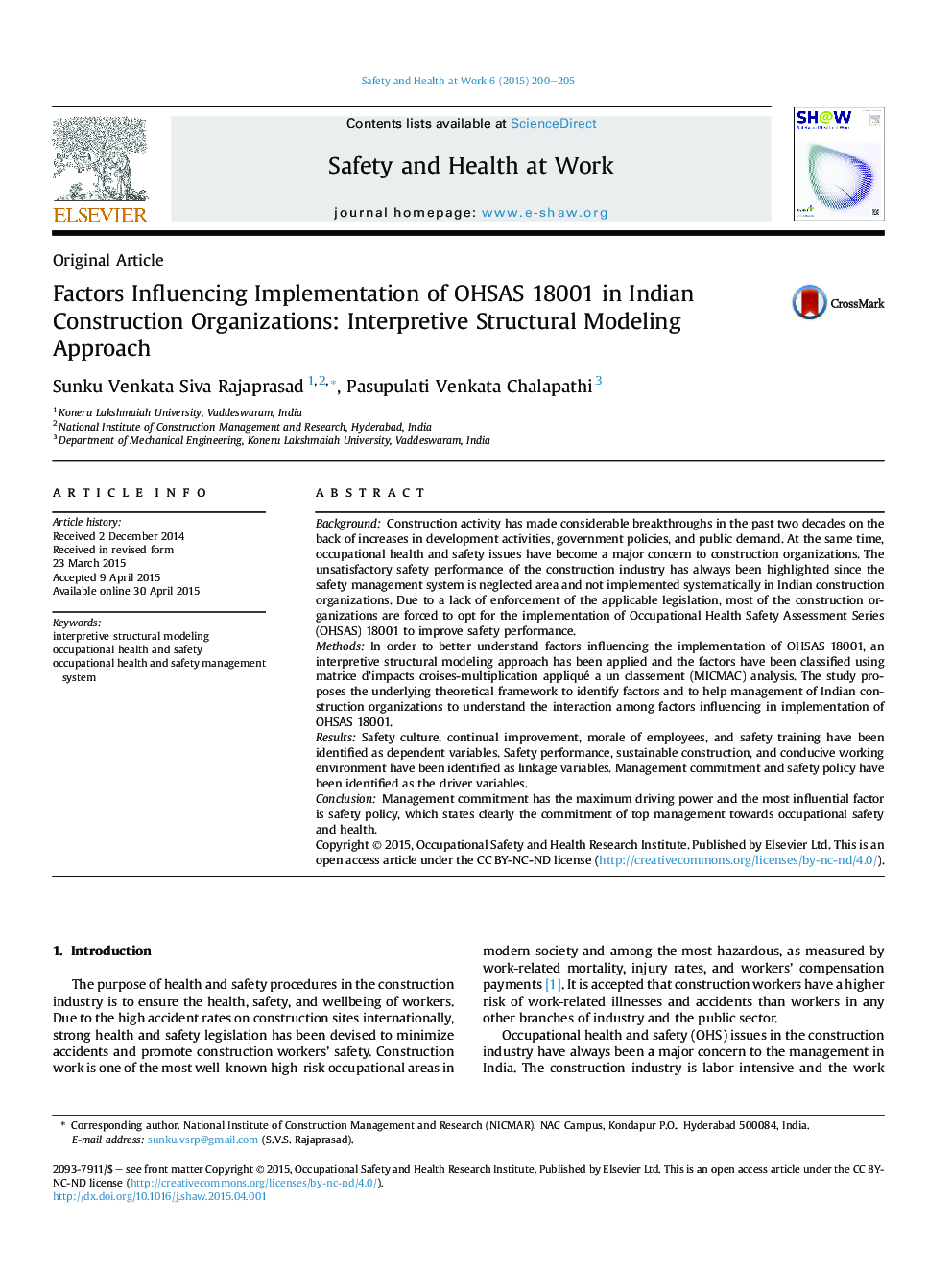 Factors Influencing Implementation of OHSAS 18001 in Indian Construction Organizations: Interpretive Structural Modeling Approach 