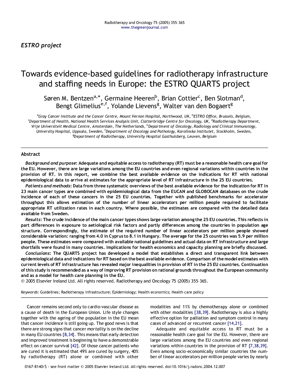 Towards evidence-based guidelines for radiotherapy infrastructure and staffing needs in Europe: the ESTRO QUARTS project