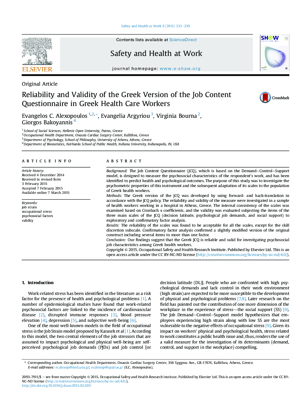 Reliability and Validity of the Greek Version of the Job Content Questionnaire in Greek Health Care Workers