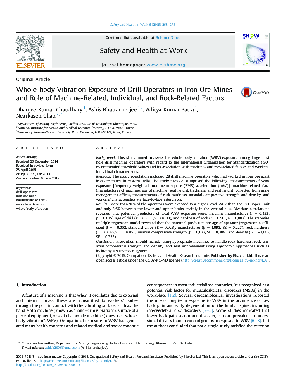 Whole-body Vibration Exposure of Drill Operators in Iron Ore Mines and Role of Machine-Related, Individual, and Rock-Related Factors 