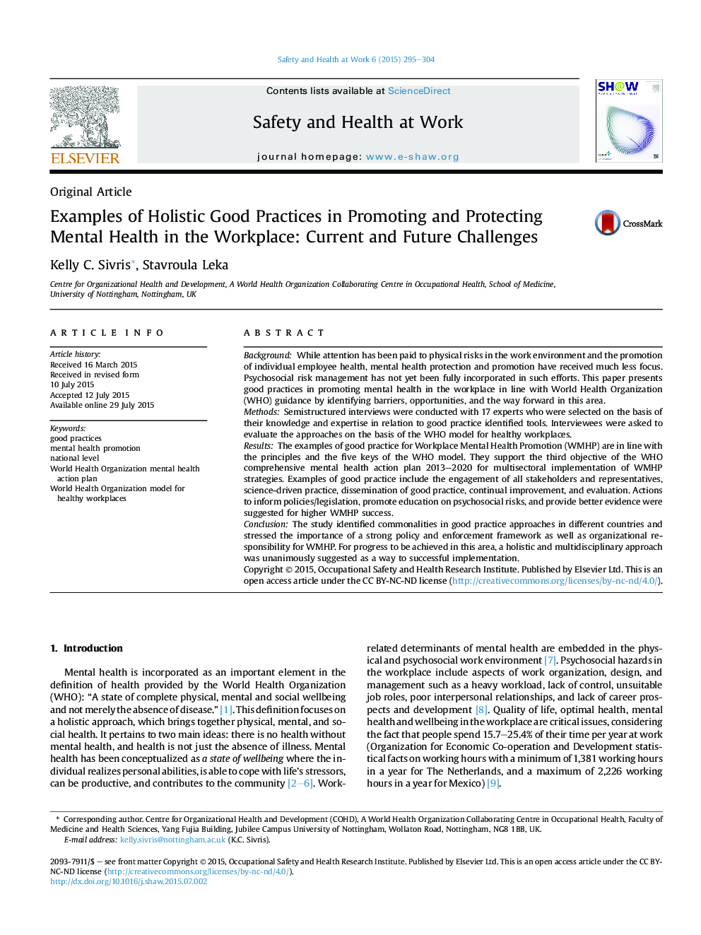Examples of Holistic Good Practices in Promoting and Protecting Mental Health in the Workplace: Current and Future Challenges 