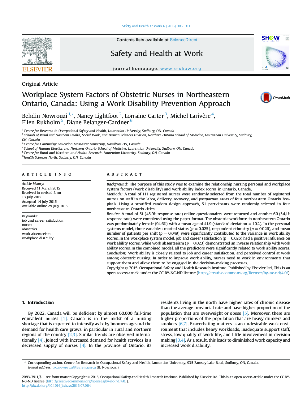 Workplace System Factors of Obstetric Nurses in Northeastern Ontario, Canada: Using a Work Disability Prevention Approach 