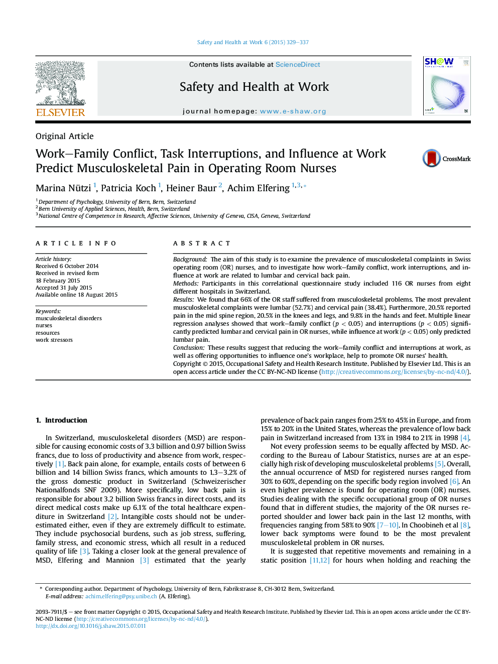 Work–Family Conflict, Task Interruptions, and Influence at Work Predict Musculoskeletal Pain in Operating Room Nurses 