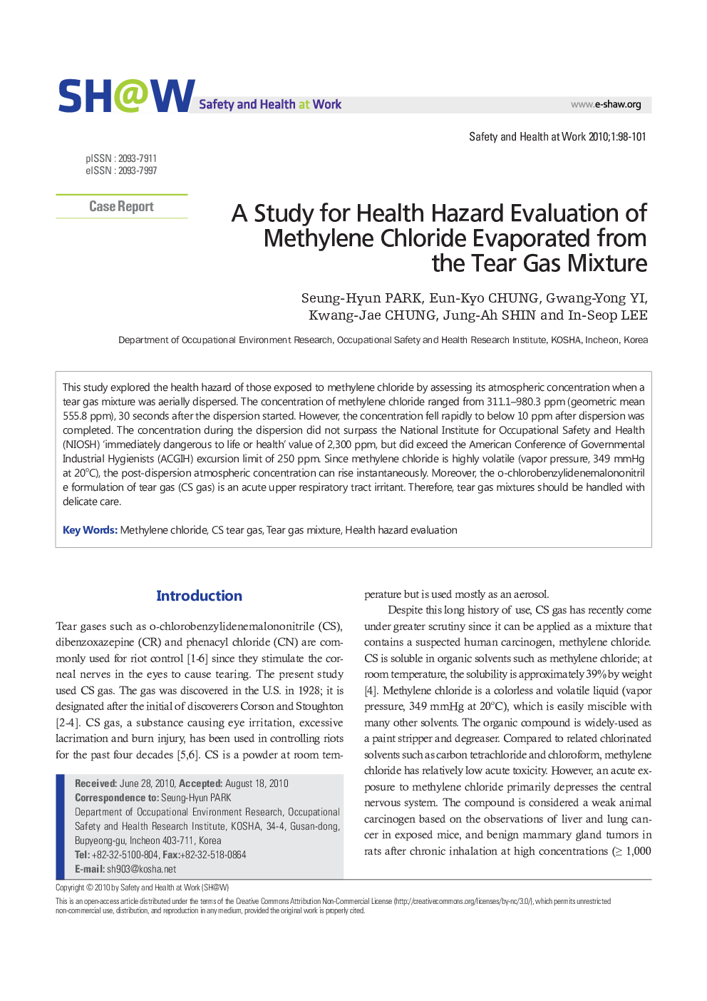 A Study for Health Hazard Evaluation of Methylene Chloride Evaporated from the Tear Gas Mixture