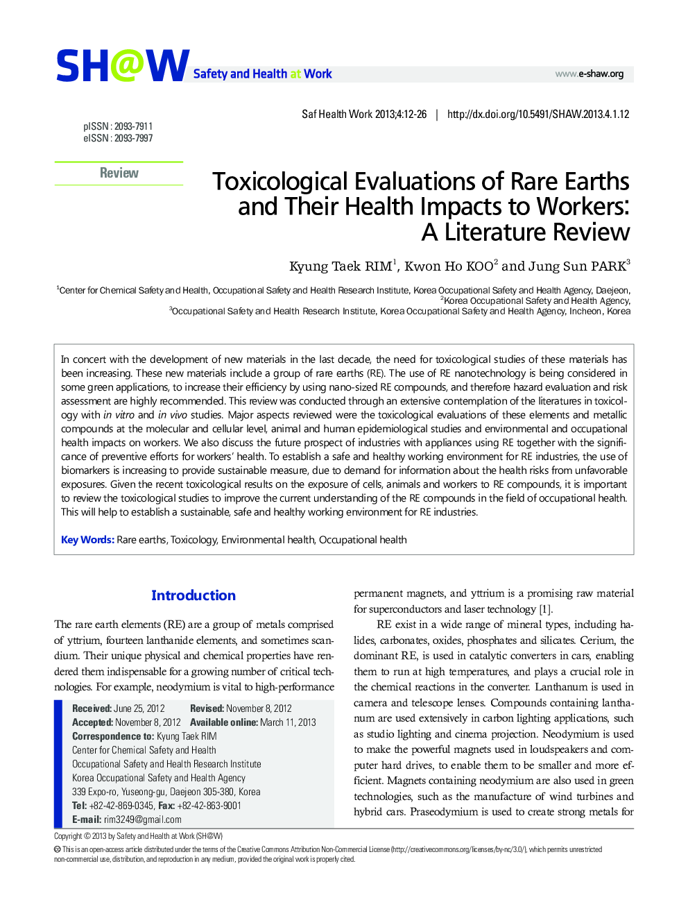 Toxicological Evaluations of Rare Earths and Their Health Impacts to Workers: A Literature Review