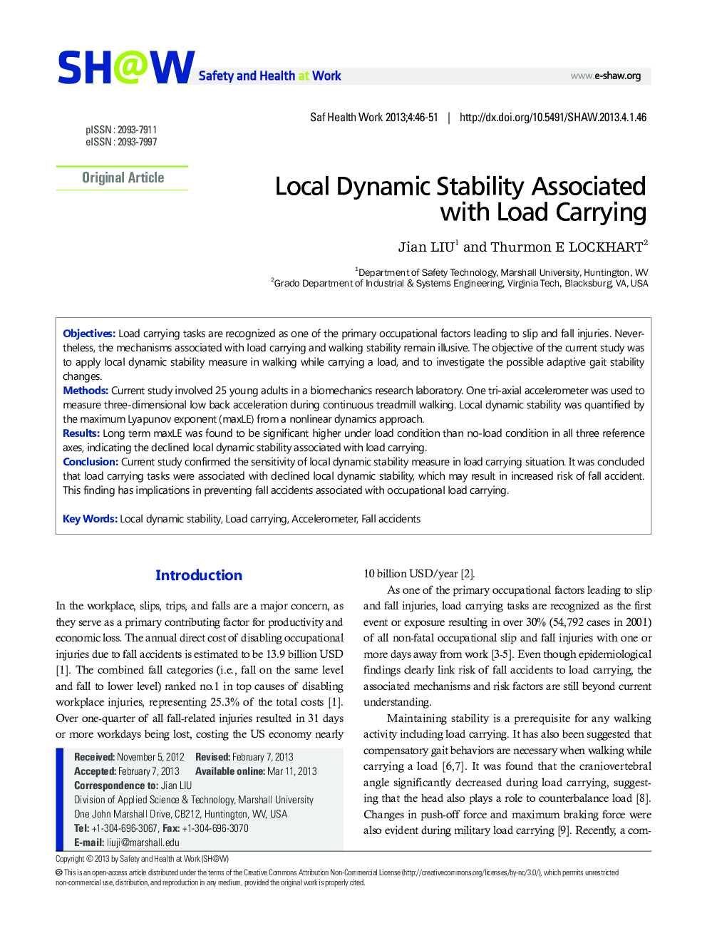 Local Dynamic Stability Associated with Load Carrying