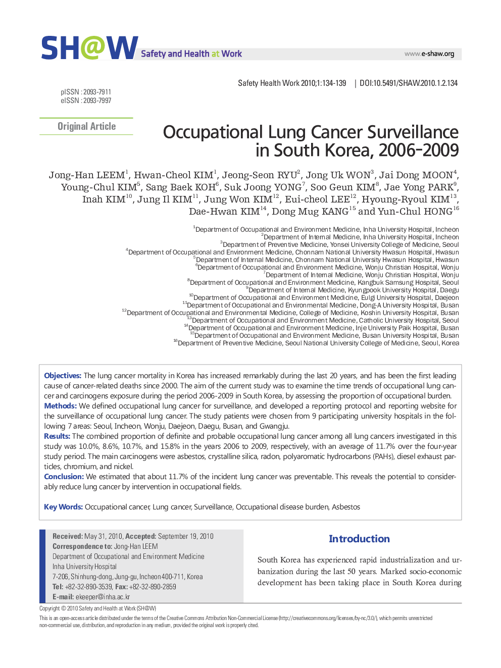 Occupational Lung Cancer Surveillance in South Korea, 2006-2009