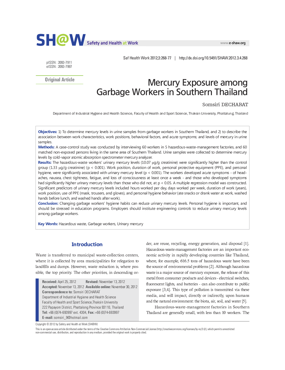 عکس صفحه اول مقاله: Mercury Exposure among Garbage Workers in Southern Thailand Mercury Exposure among Garbage Workers in Southern Thailand