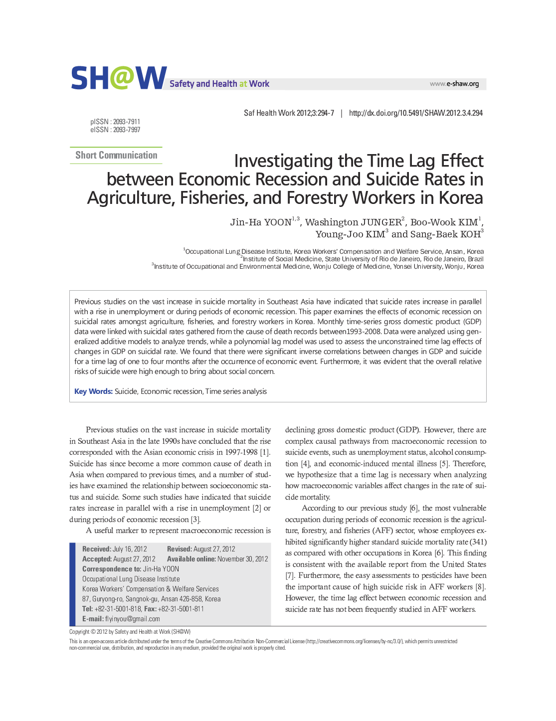 Investigating the Time Lag Effect between Economic Recession and Suicide Rates in Agriculture, Fisheries, and Forestry Workers in Korea