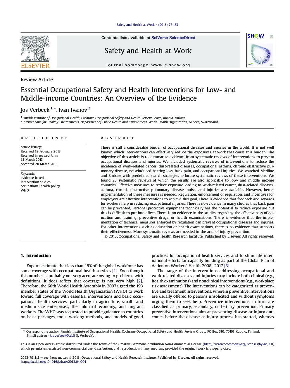 Essential Occupational Safety and Health Interventions for Low- and Middle-income Countries: An Overview of the Evidence 