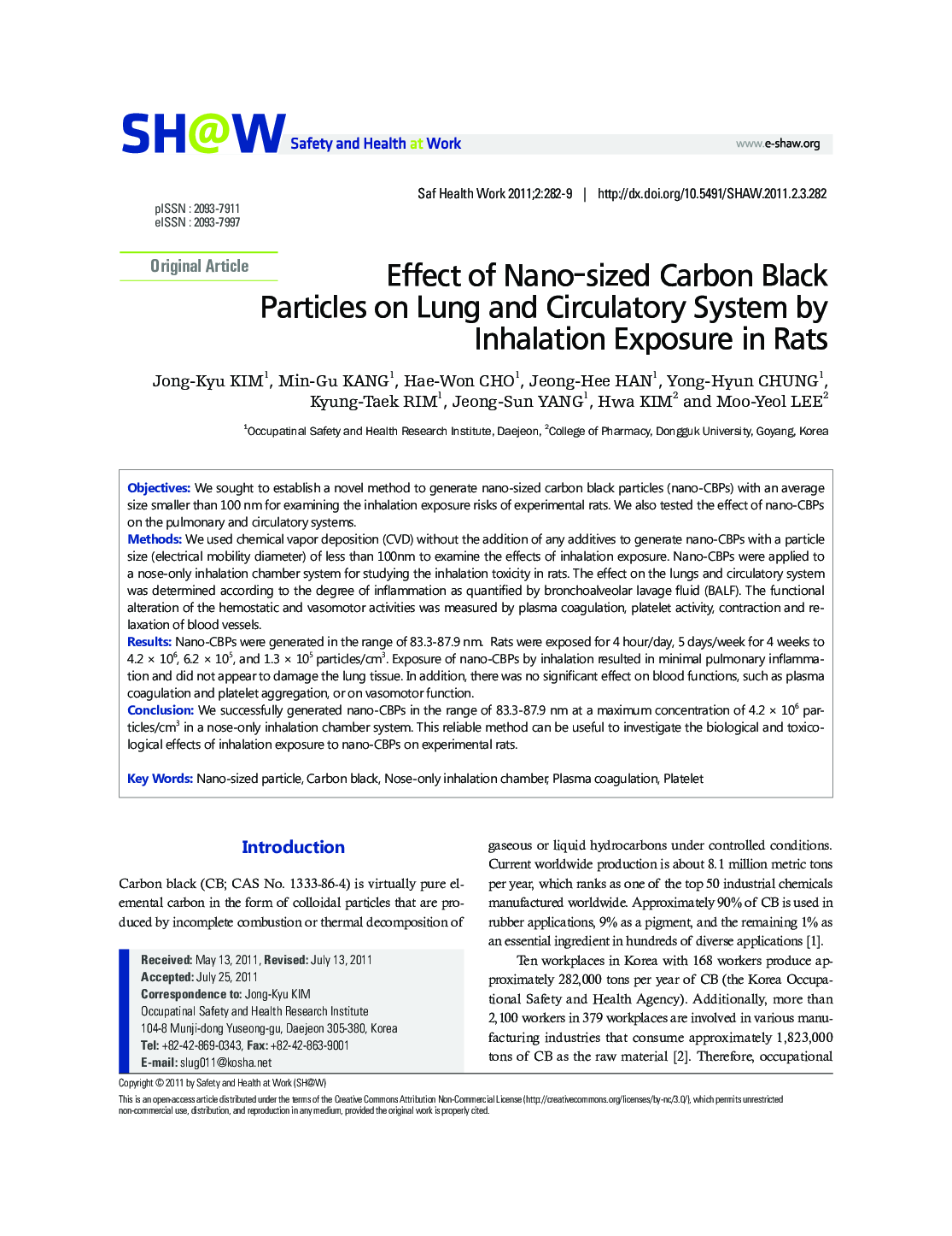 Effect of Nano-sized Carbon Black Particles on Lung and Circulatory System by Inhalation Exposure in Rats