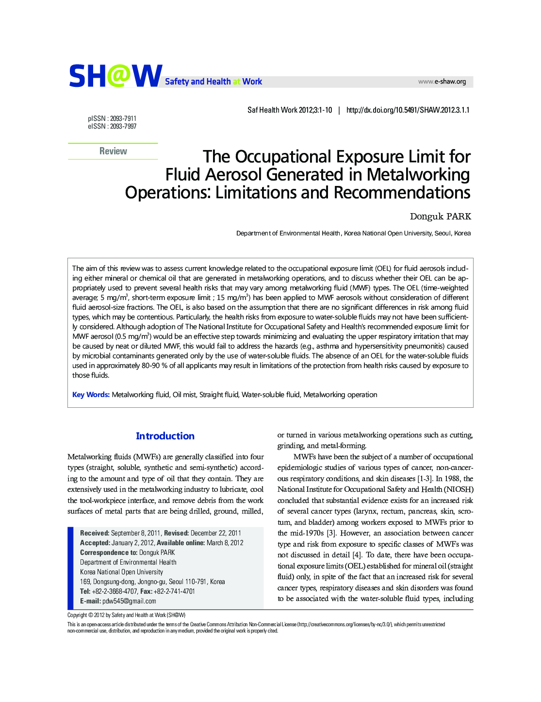 The Occupational Exposure Limit for Fluid Aerosol Generated in Metalworking Operations: Limitations and Recommendations