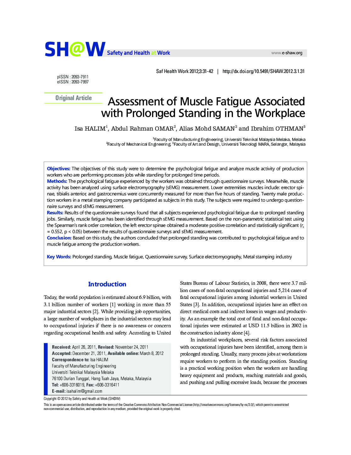 Assessment of Muscle Fatigue Associated with Prolonged Standing in the Workplace