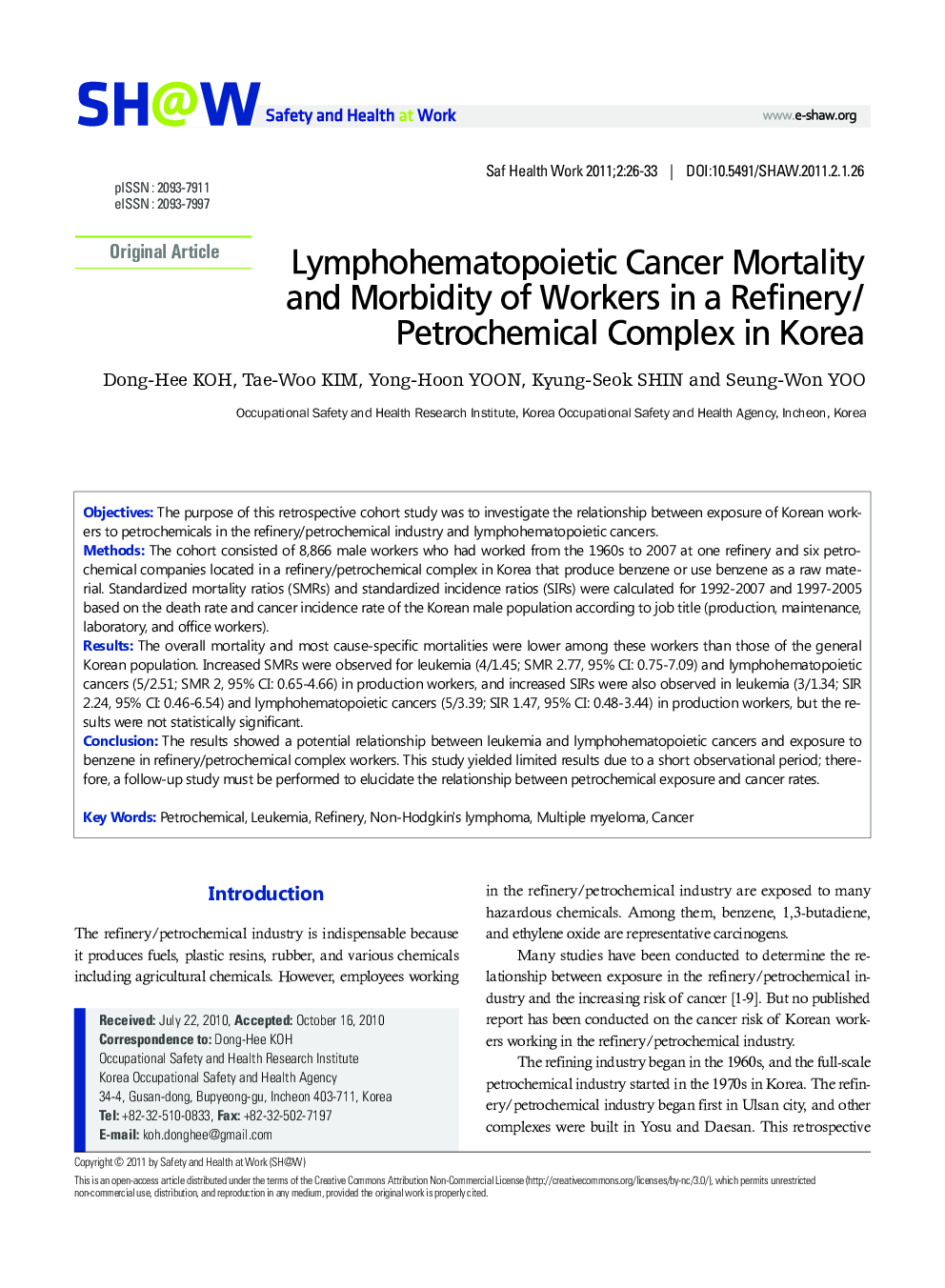 Lymphohematopoietic Cancer Mortality and Morbidity of Workers in a Refinery/Petrochemical Complex in Korea