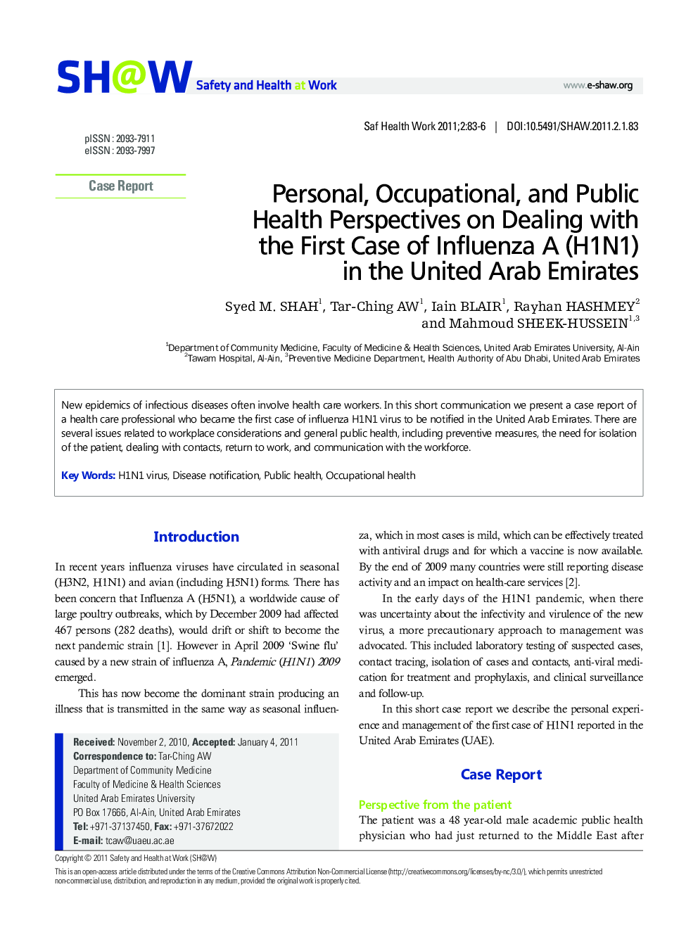 Personal, Occupational, and Public Health Perspectives on Dealing with the First Case of Influenza A (H1N1) in the United Arab Emirates