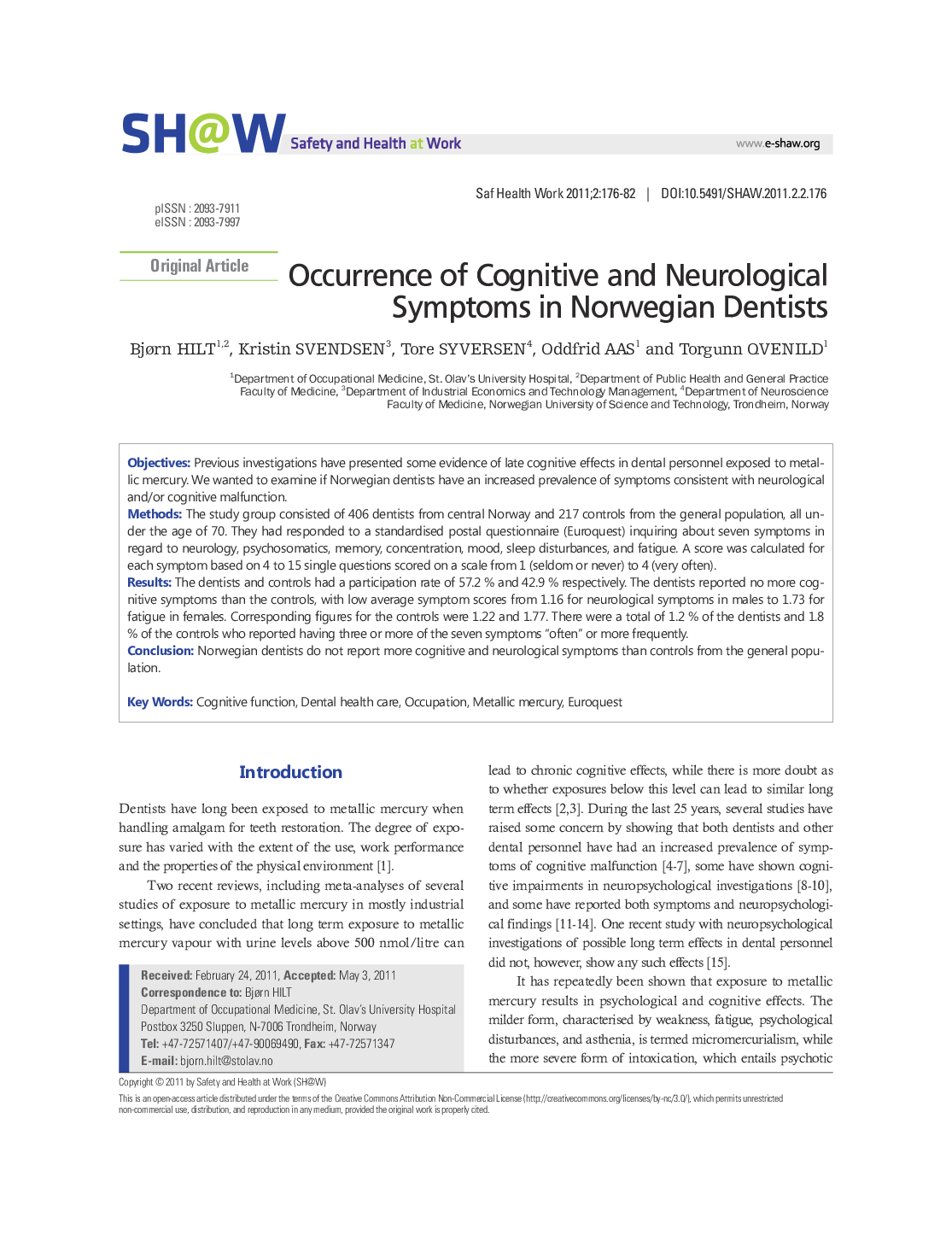 Occurrence of Cognitive and Neurological Symptoms in Norwegian Dentists