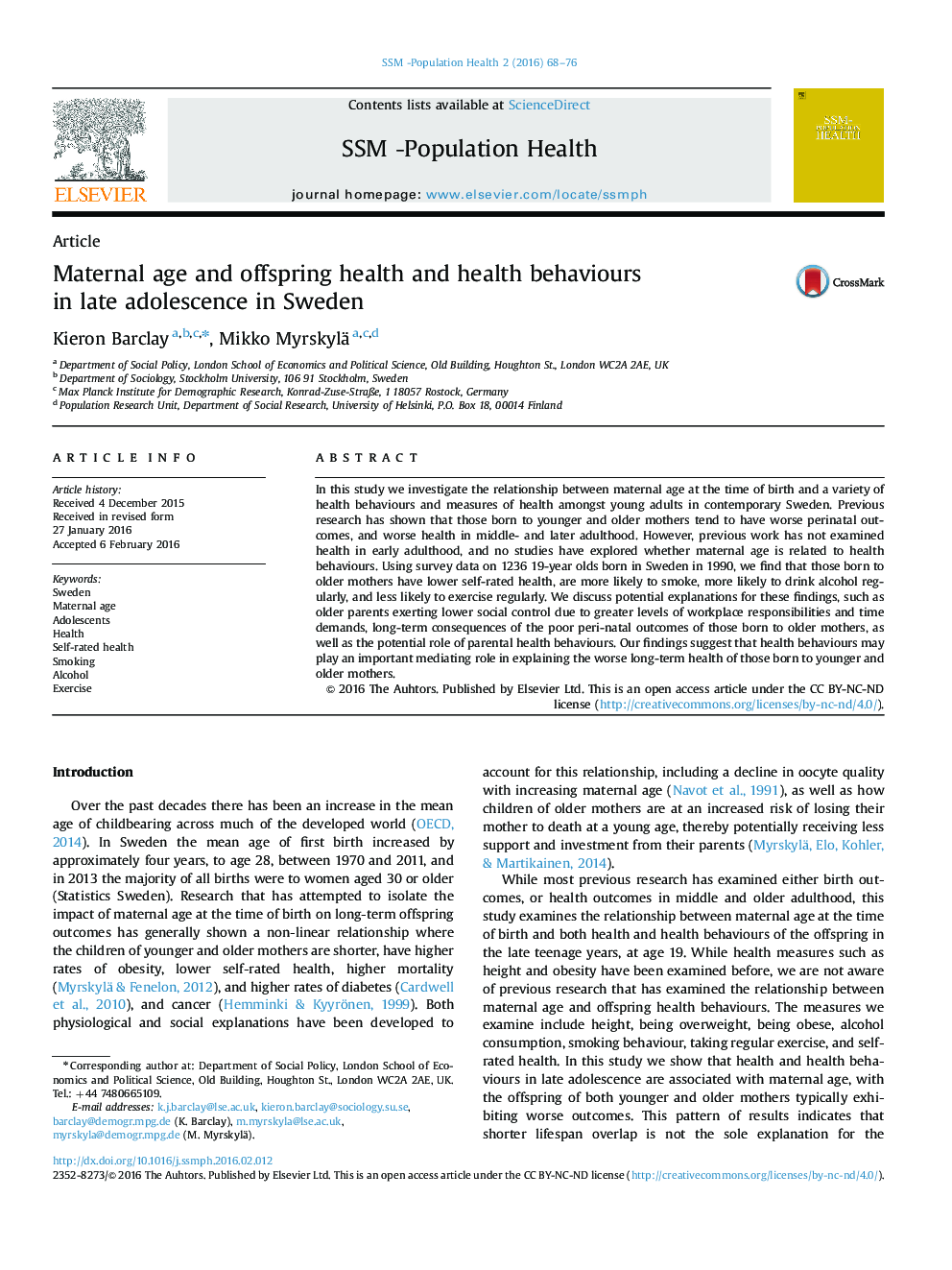 Maternal age and offspring health and health behaviours in late adolescence in Sweden