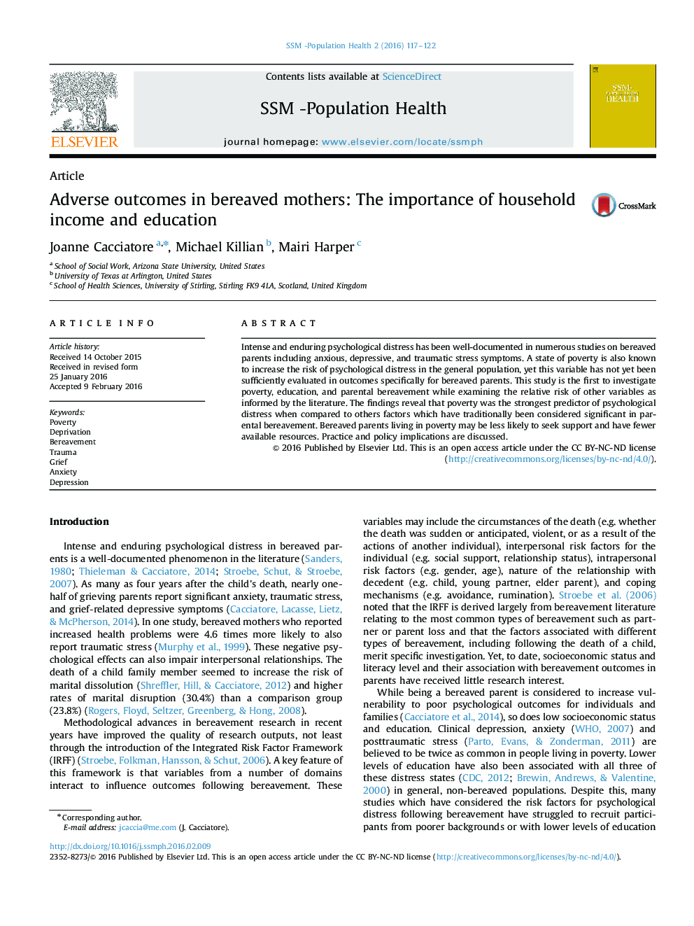 Adverse outcomes in bereaved mothers: The importance of household income and education