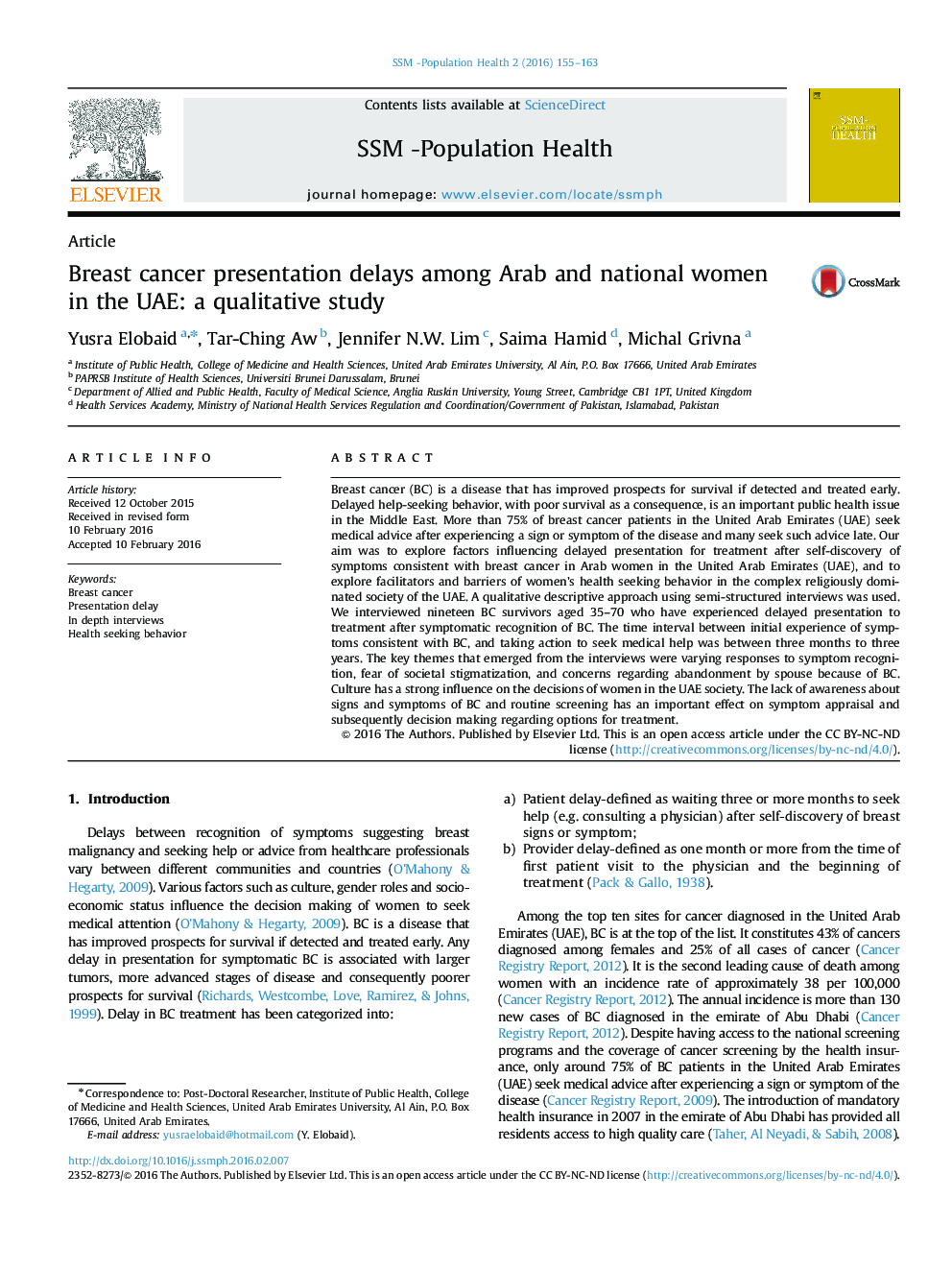 Breast cancer presentation delays among Arab and national women in the UAE: a qualitative study