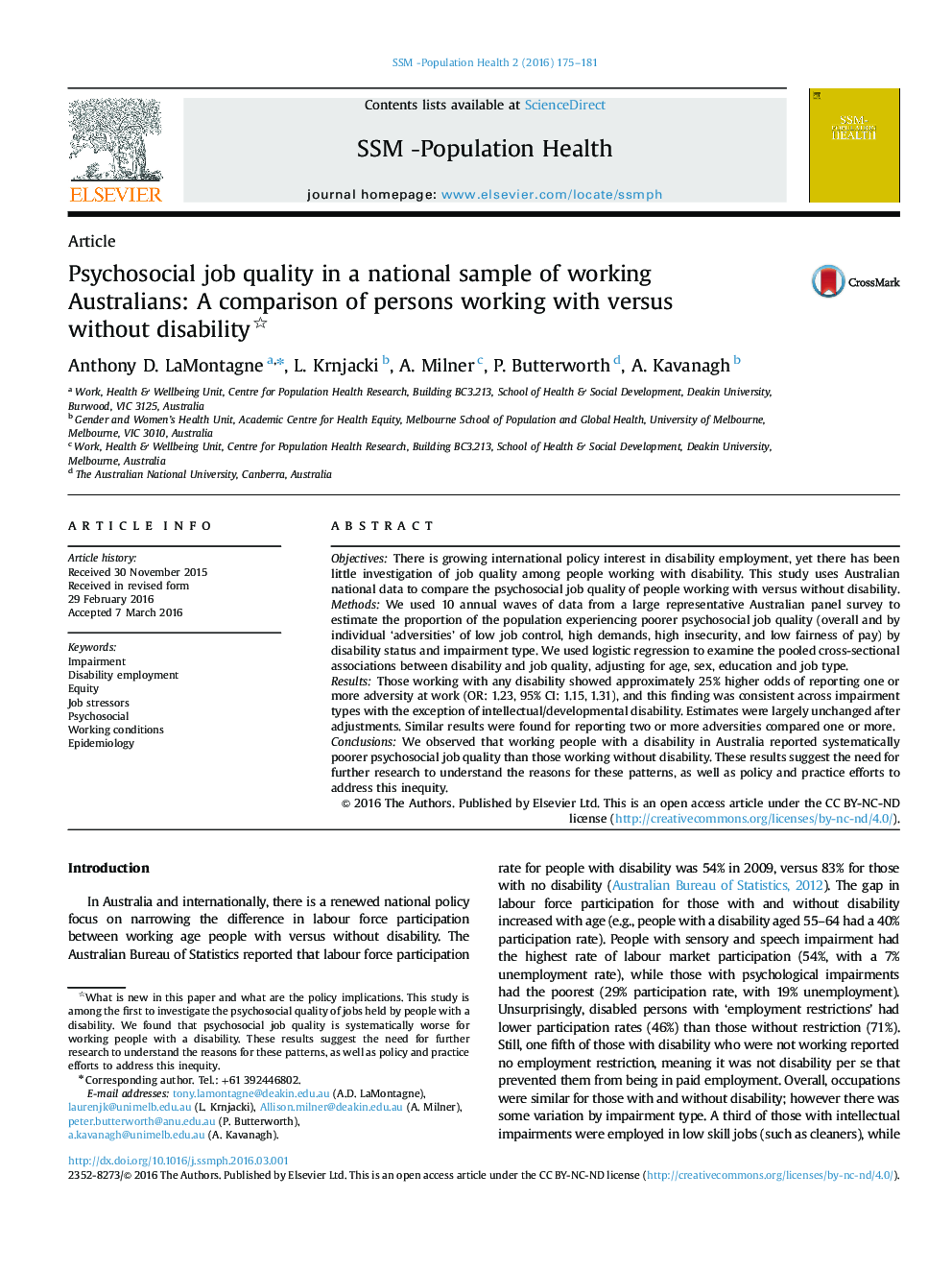 Psychosocial job quality in a national sample of working Australians: A comparison of persons working with versus without disability 