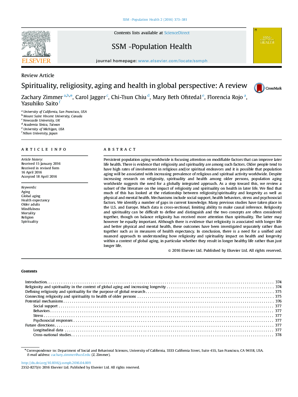 Spirituality, religiosity, aging and health in global perspective: A review