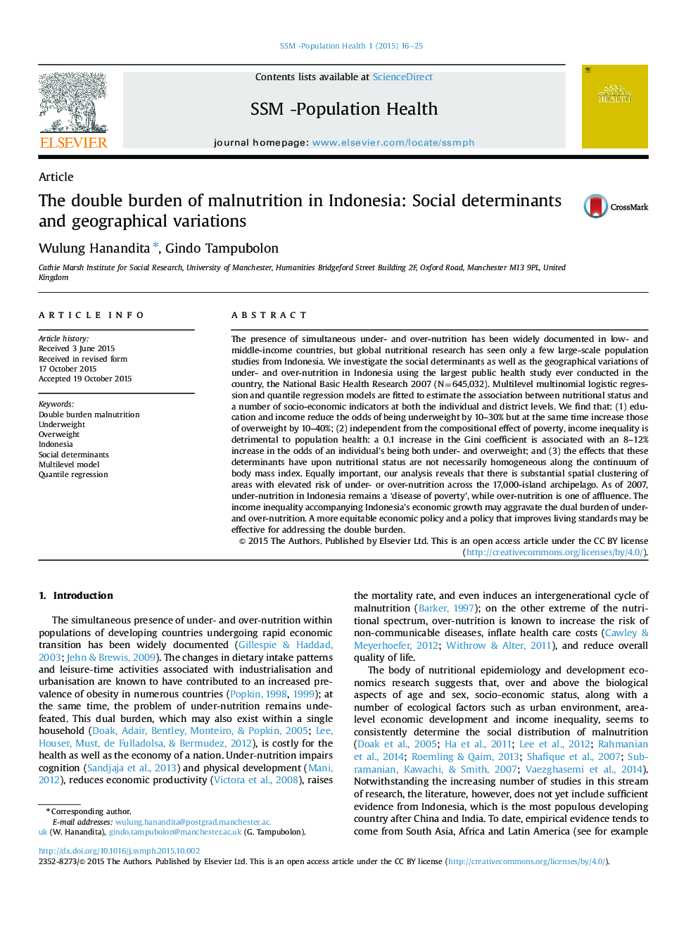 The double burden of malnutrition in Indonesia: Social determinants and geographical variations