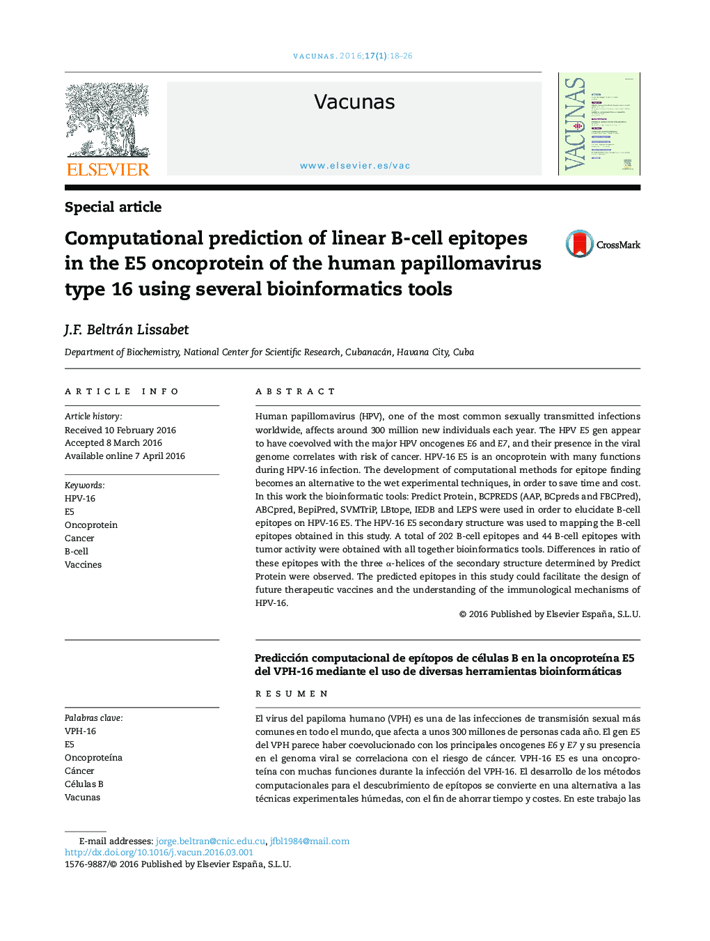 Computational prediction of linear B-cell epitopes in the E5 oncoprotein of the human papillomavirus type 16 using several bioinformatics tools