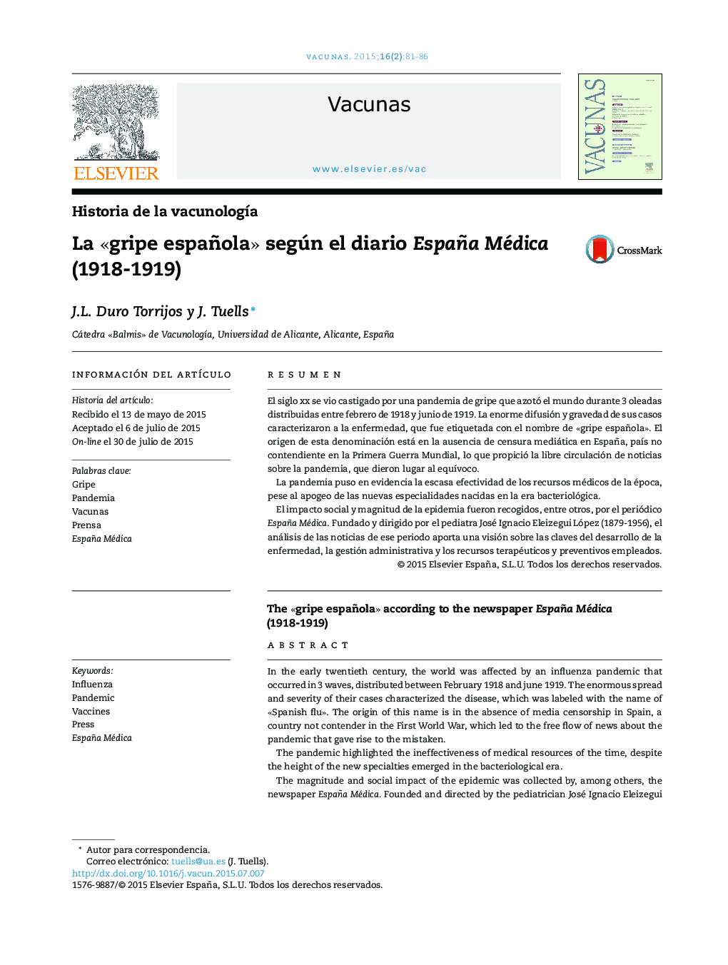 La Â«gripe españolaÂ» según el diario España Médica (1918-1919)