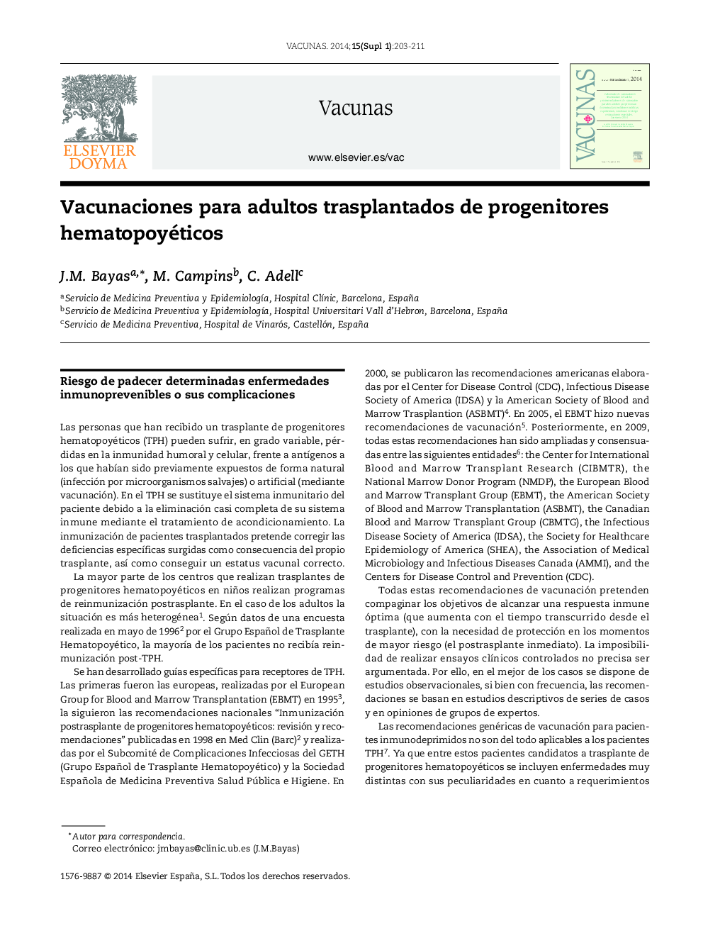 Vacunaciones para adultos trasplantados de progenitores hematopoyéticos