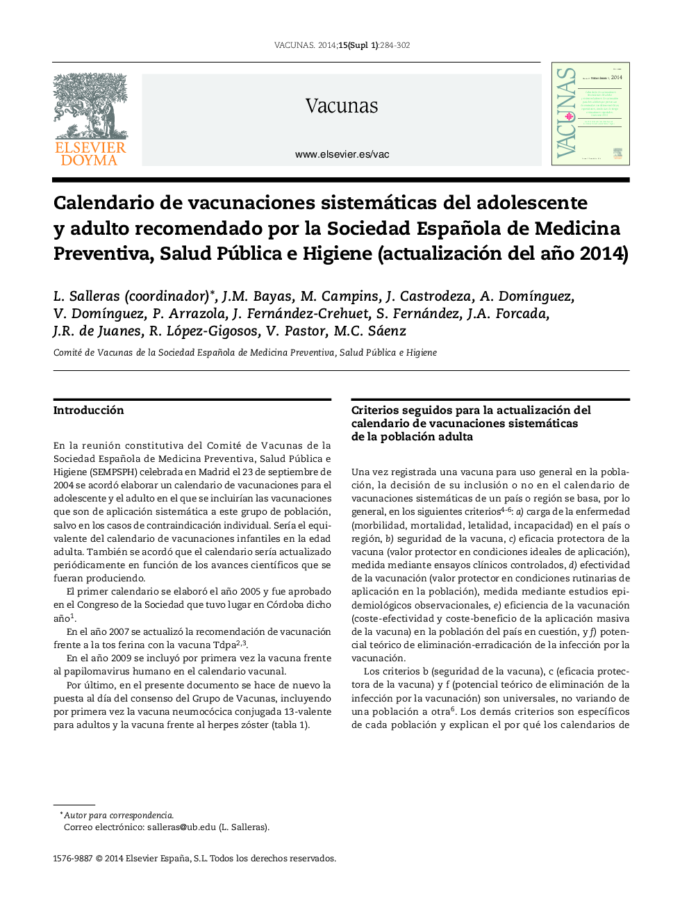 Calendario de vacunaciones sistemáticas del adolescente y adulto recomendado por la Sociedad Española de Medicina Preventiva, Salud Pública e Higiene (actualización del año 2014)