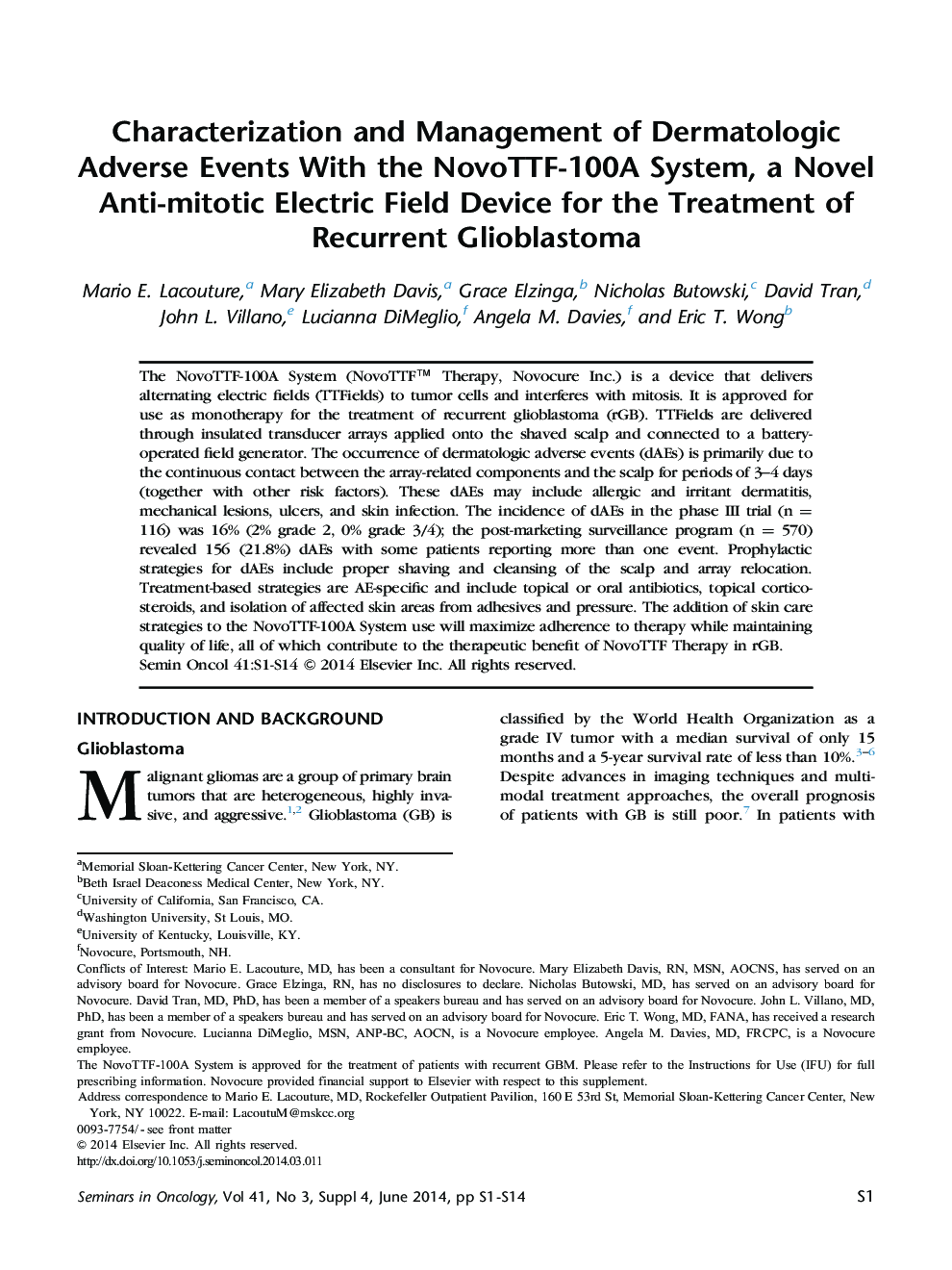 Characterization and Management of Dermatologic Adverse Events With the NovoTTF-100A System, a Novel Anti-mitotic Electric Field Device for the Treatment of Recurrent Glioblastoma