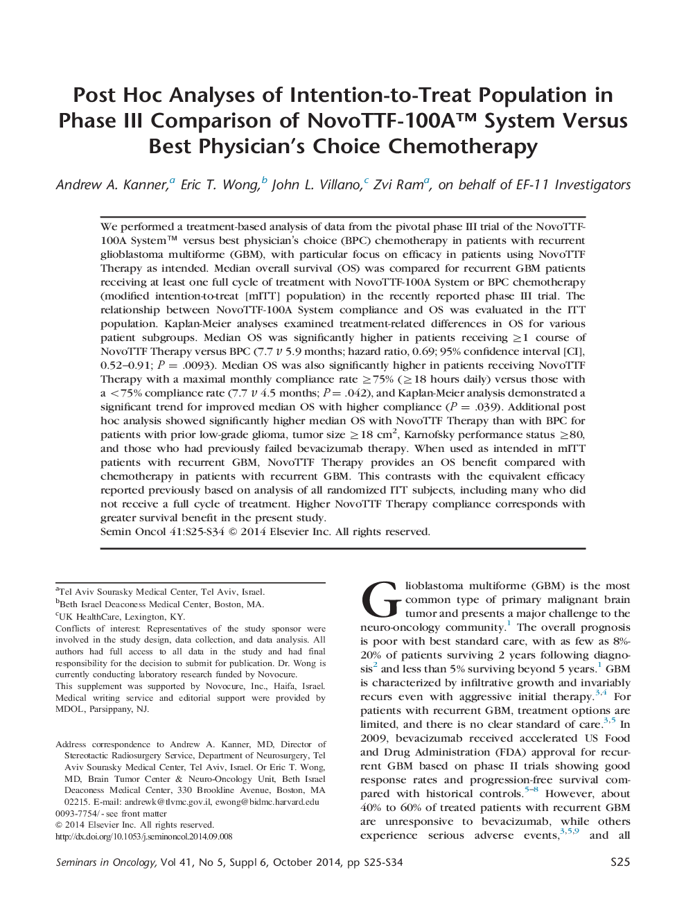 Post Hoc Analyses of Intention-to-Treat Population in Phase III Comparison of NovoTTF-100Aâ¢ System Versus Best Physician's Choice Chemotherapy