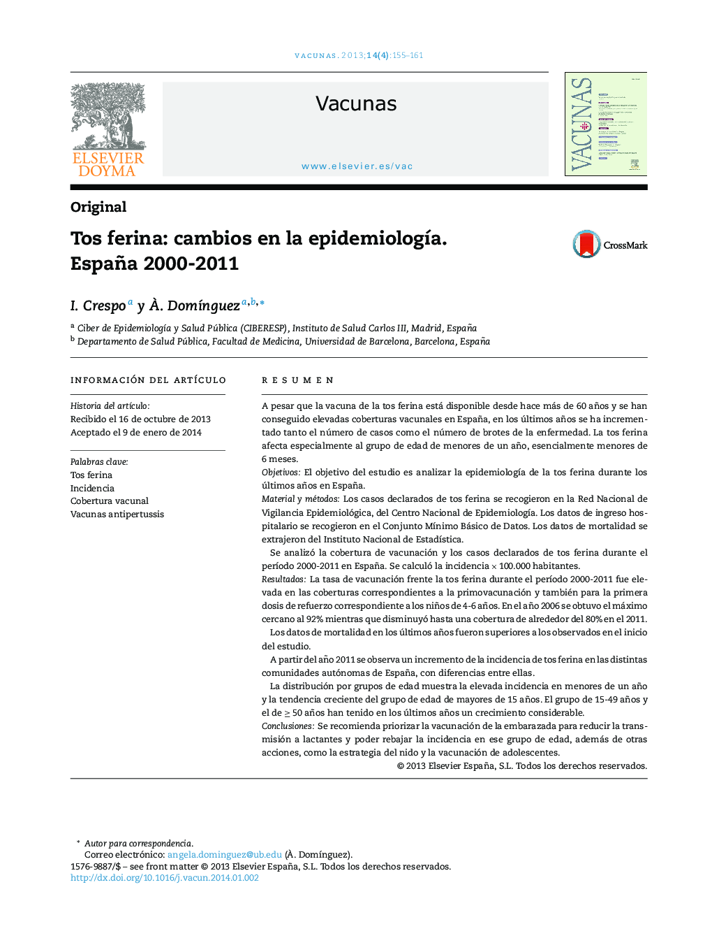 Tos ferina: cambios en la epidemiologÃ­a. España 2000-2011