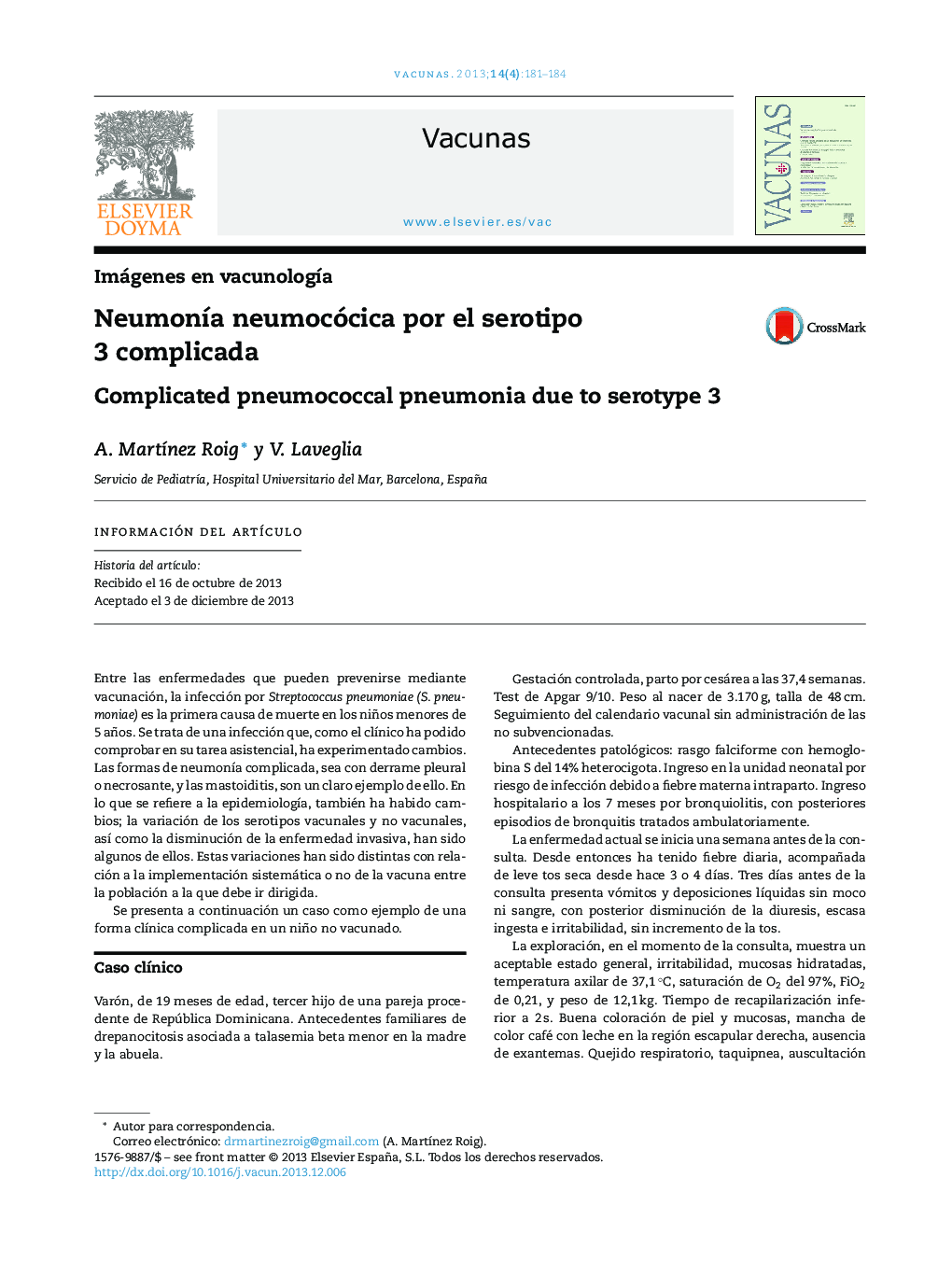 NeumonÃ­a neumocócica por el serotipo 3 complicada